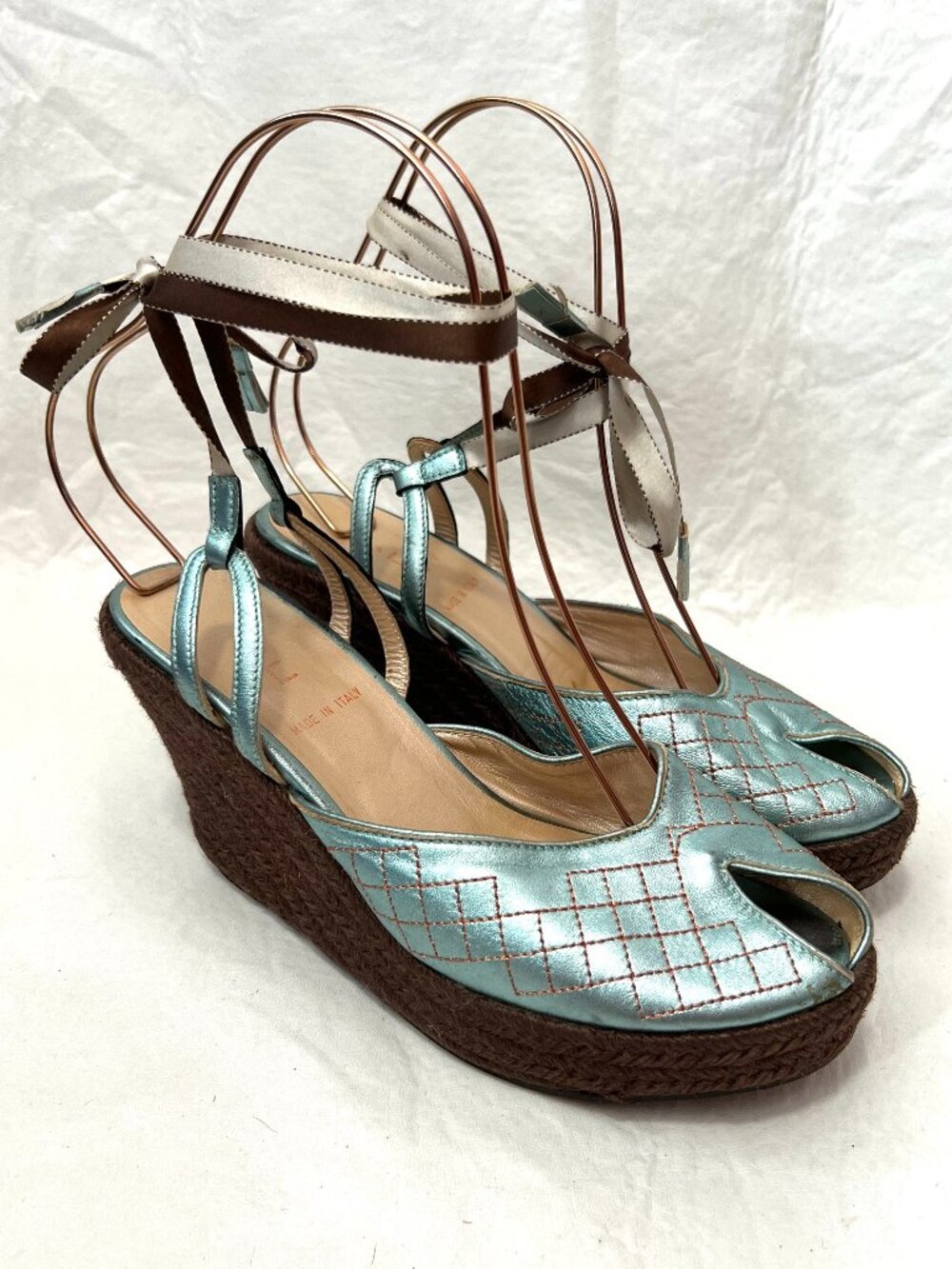 Espadrille sandals metallic blue leather ribbon lace up EU 40 US 9 wedge brown
